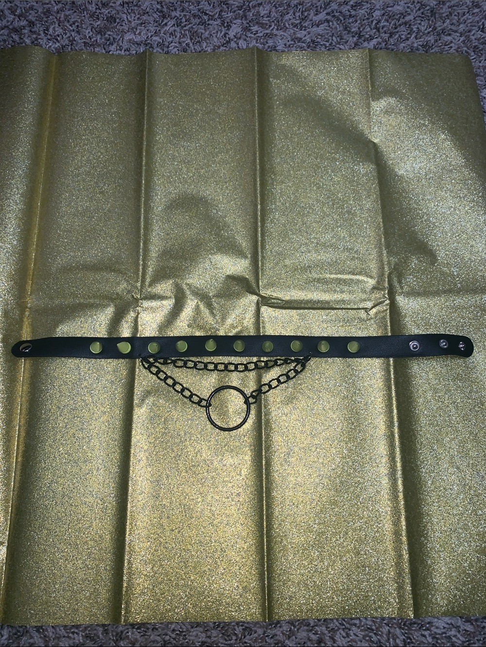 Black Vegan Leather Choker with Chain Ring Accent, Preowned